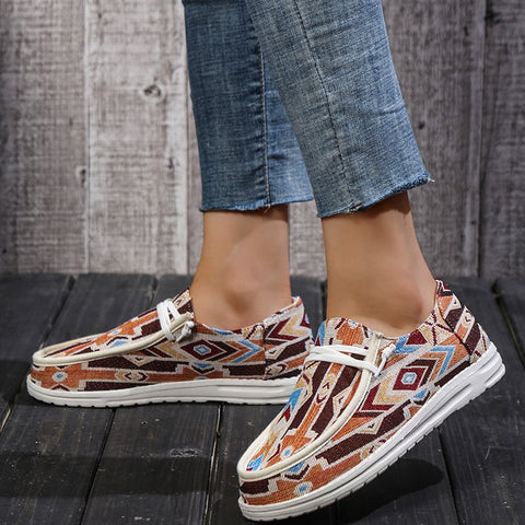 Color Pattern Native Matching and Printing Lace up Flat Shoes