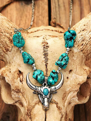New Turquoise Cross Steer Skull Pendant Necklace Necklace For Women Collares Para Mujer Jewelry Necklaces Collier Femme - Necklace