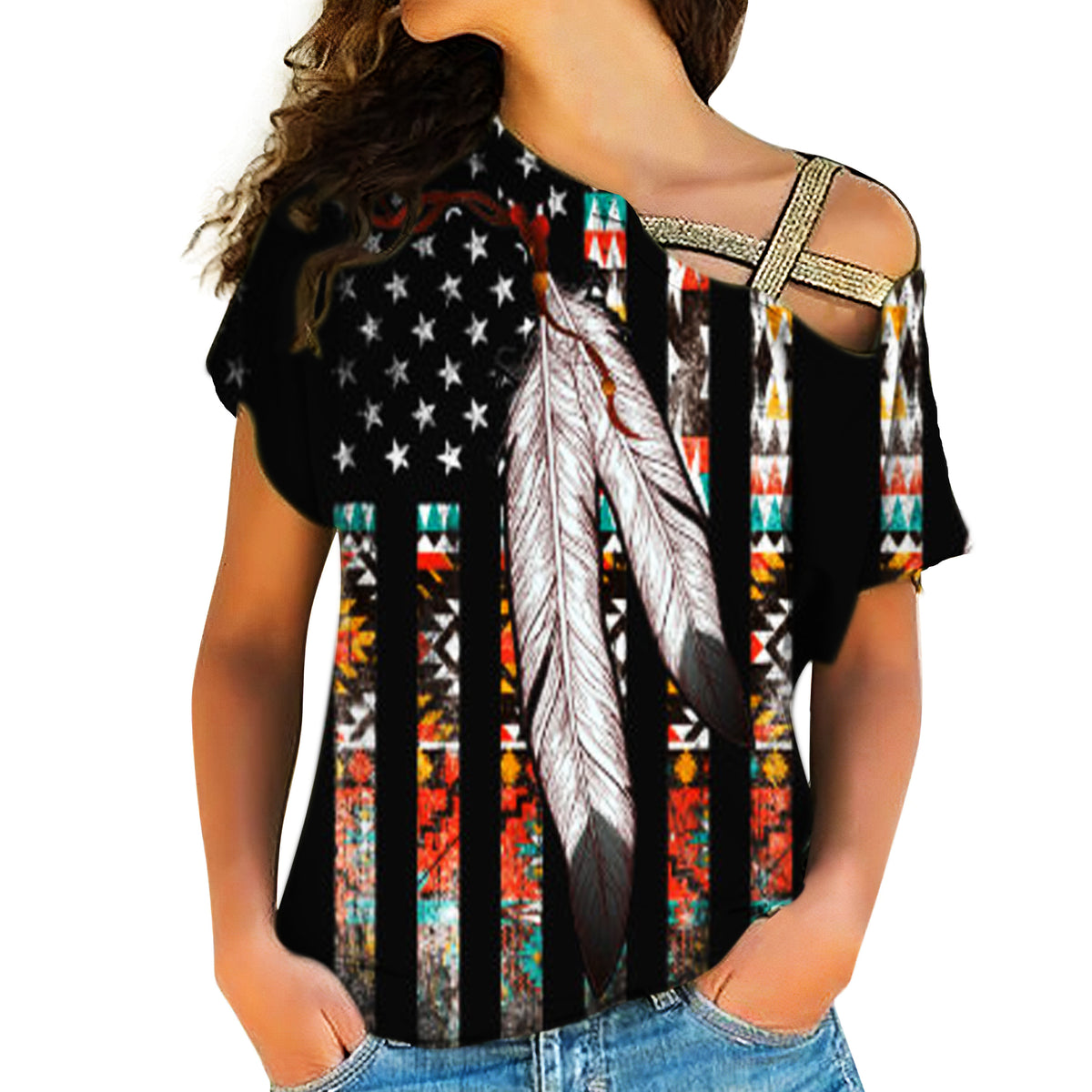 GB-NAT00108 Native American Flag Feather Cross Shoulder Shirt - Powwow Store