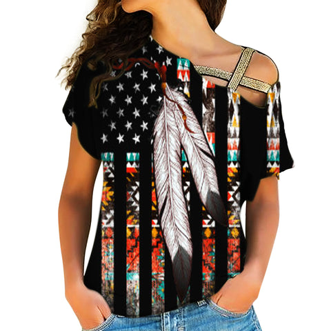 GB-NAT00108 Native American Flag Feather Cross Shoulder Shirt