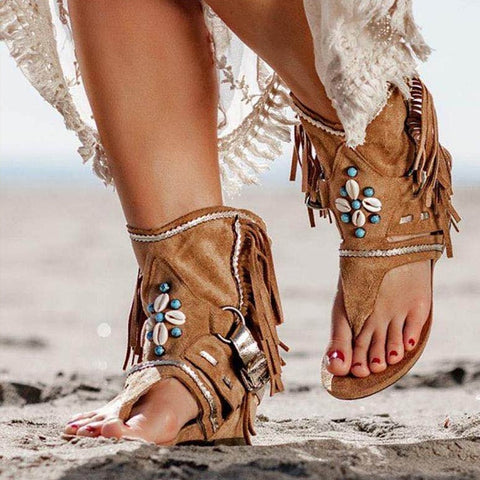 Powwow StoreRetro Women Fringe Flower Wedges Shoes Casual Sandals Women Summer Flip Flop Sandals