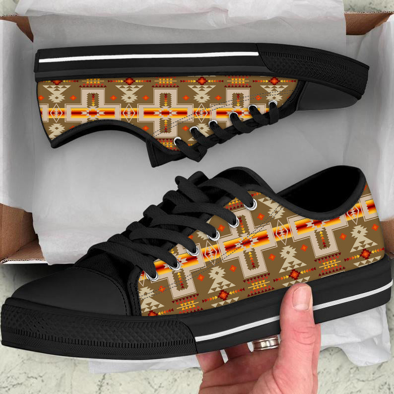 GB-NAT00062-10 Light Brown Tribe Design Native American Low Top Canvas Shoe