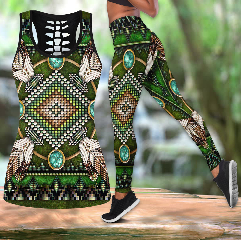 GB-NAT00023-01 Naumaddic Arts Green Native American Native Tank Top And Legging Set