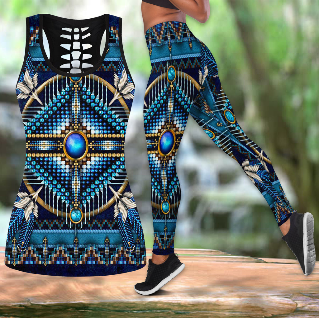 GB-NAT00083 Naumaddic Arts Blue Native American Native Tank Top And Legging Set