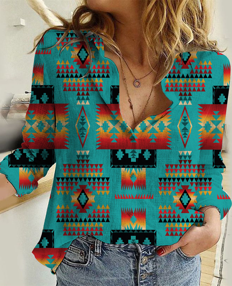 GB-NAT00046-01 Blue Native Tribes Pattern Native American Linen Shirts