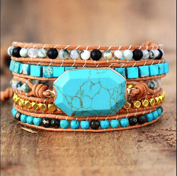 Boho Natural Stone Tibetan Beads Leather Bracelet
