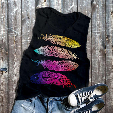 Powwow Store tank tops women summer women feather printed round neck sleeveless blouse tank top vest casual vest top o neck tank female 2020 tank tops