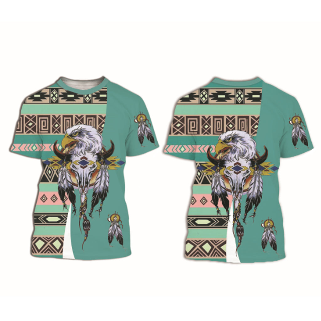 Powwow Store ts004 bison and pattern blue 3d t shirt