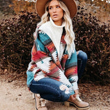 Powwow StoreVintage Jacket Women Splicing Loose Jacket Denim Print Aztec Retro Ethnic