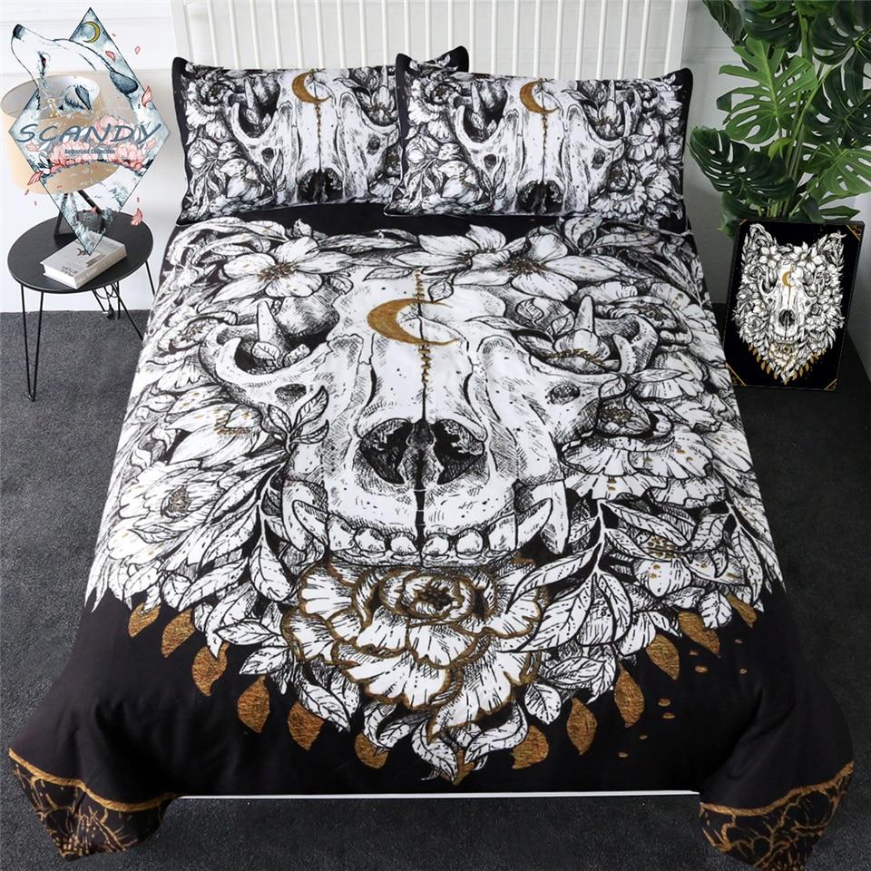 Wolf Skull With Floral Native American Bedding Set