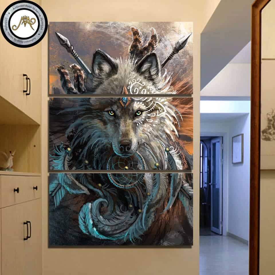 Wolf Warrior 3 Piece Canvas Native American Indian