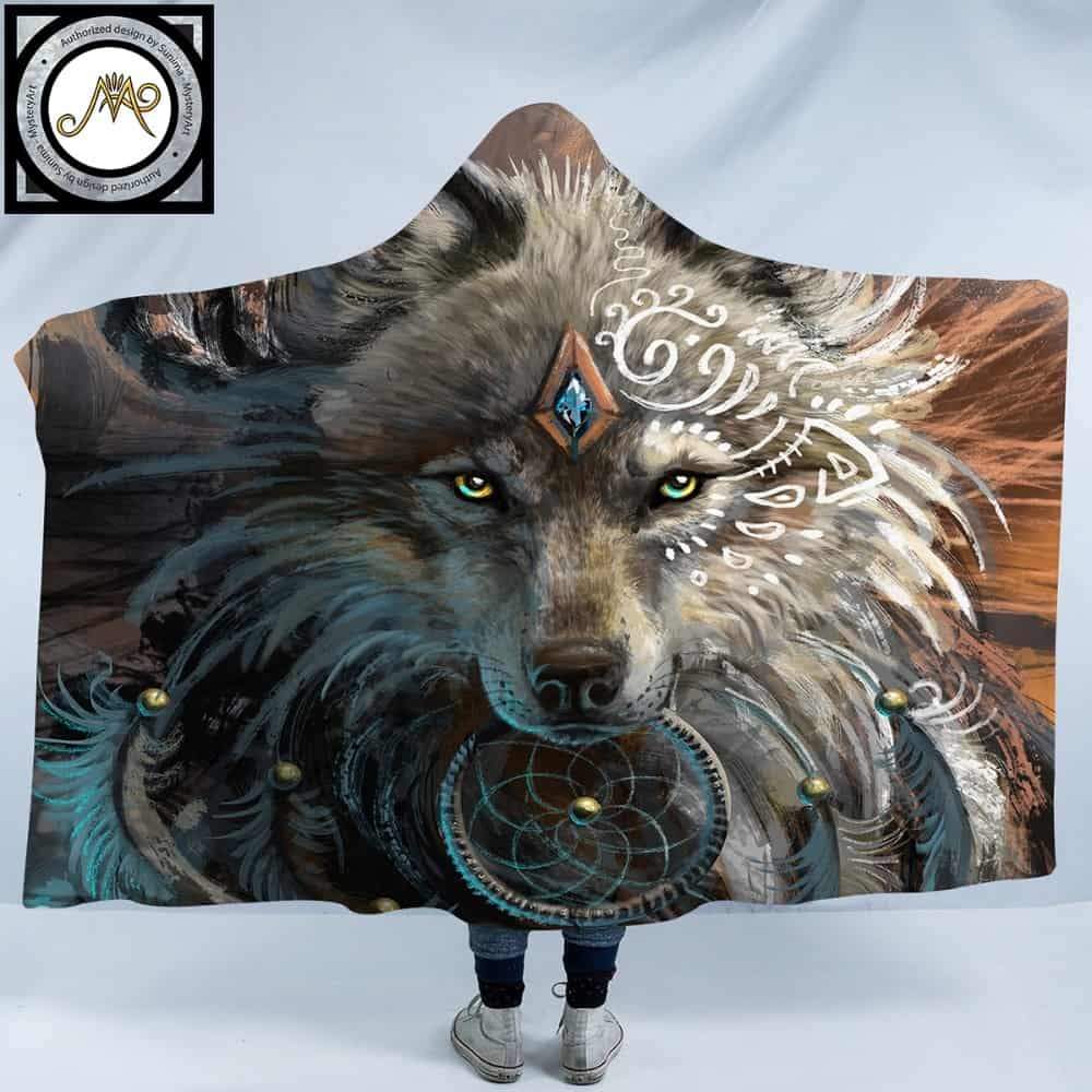Wolf Warrior Dreamcatcher Native American Design Hooded Blanket