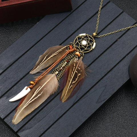 Ethnic Long Chain Feather Pendant Dreamcatcher Necklace