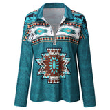 Powwow Storeaztec ethnic printing long sleeved v neck zipper t shirt casual pullover