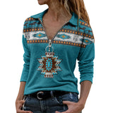 Powwow Storeaztec ethnic printing long sleeved v neck zipper t shirt casual pullover