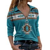 Powwow Storeaztec ethnic printing long sleeved v neck zipper t shirt casual pullover