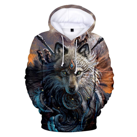 Wolf Face With Dreamcatcher 3D Native American Hoodies - Powwow Store