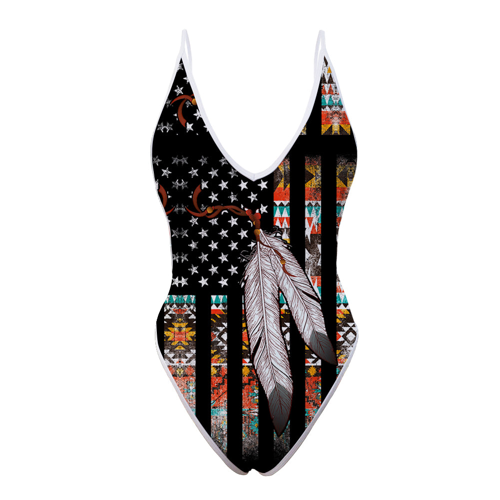 GB-NAT00108 Native American Flag Feather One Piece High Cut Swimsuit - Powwow Store