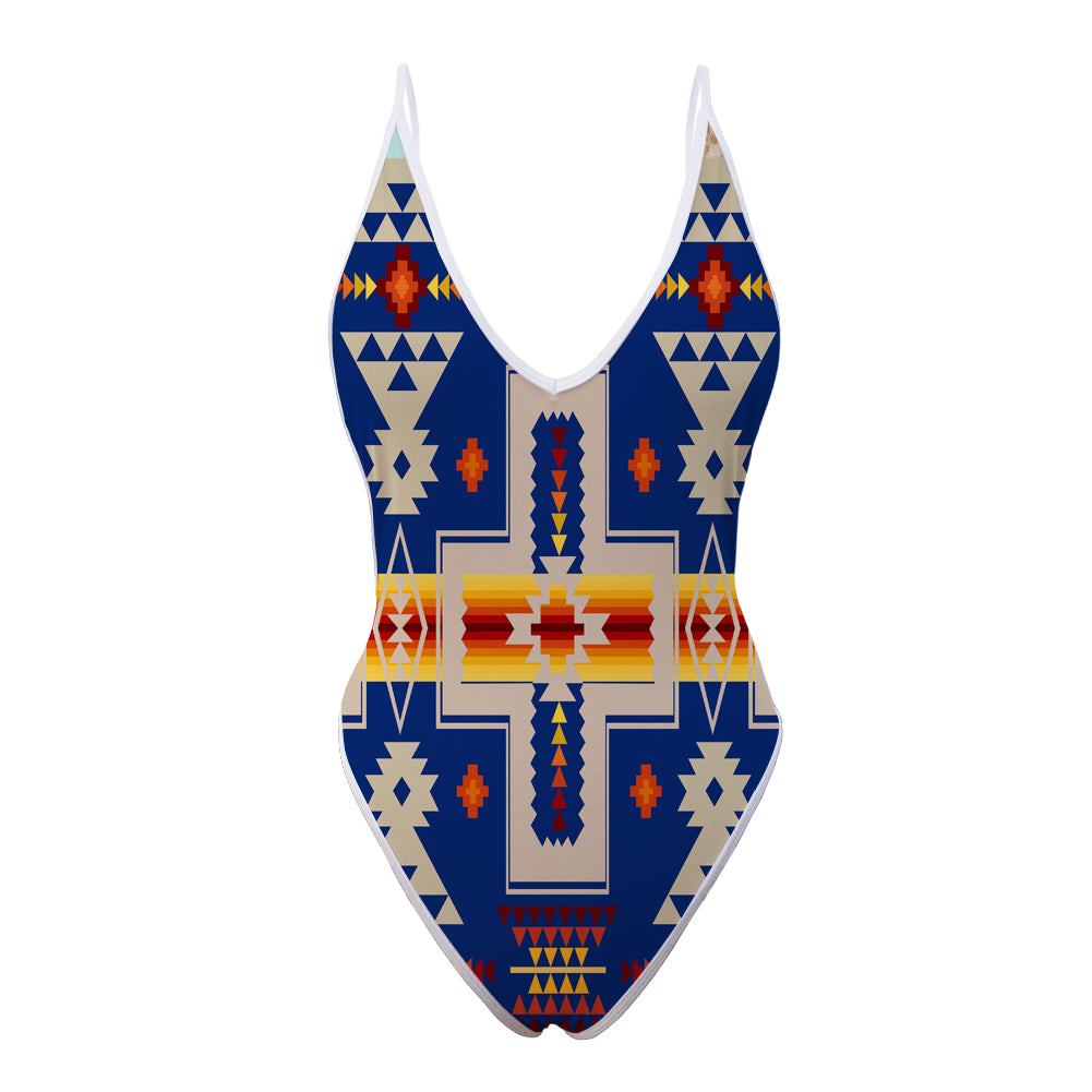 GB-NAT00062-04 Navy Tribe Design Native American Women’s One Piece High Cut Swimsuit - Powwow Store