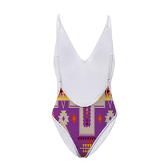 GB-NAT00062-07 Light Purple Tribe Design Native American Women’s One Piece High Cut Swimsuit - Powwow Store