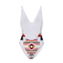GB-NAT00075 White Tribes Pattern Native American Women’s One Piece High Cut Swimsuit - Powwow Store