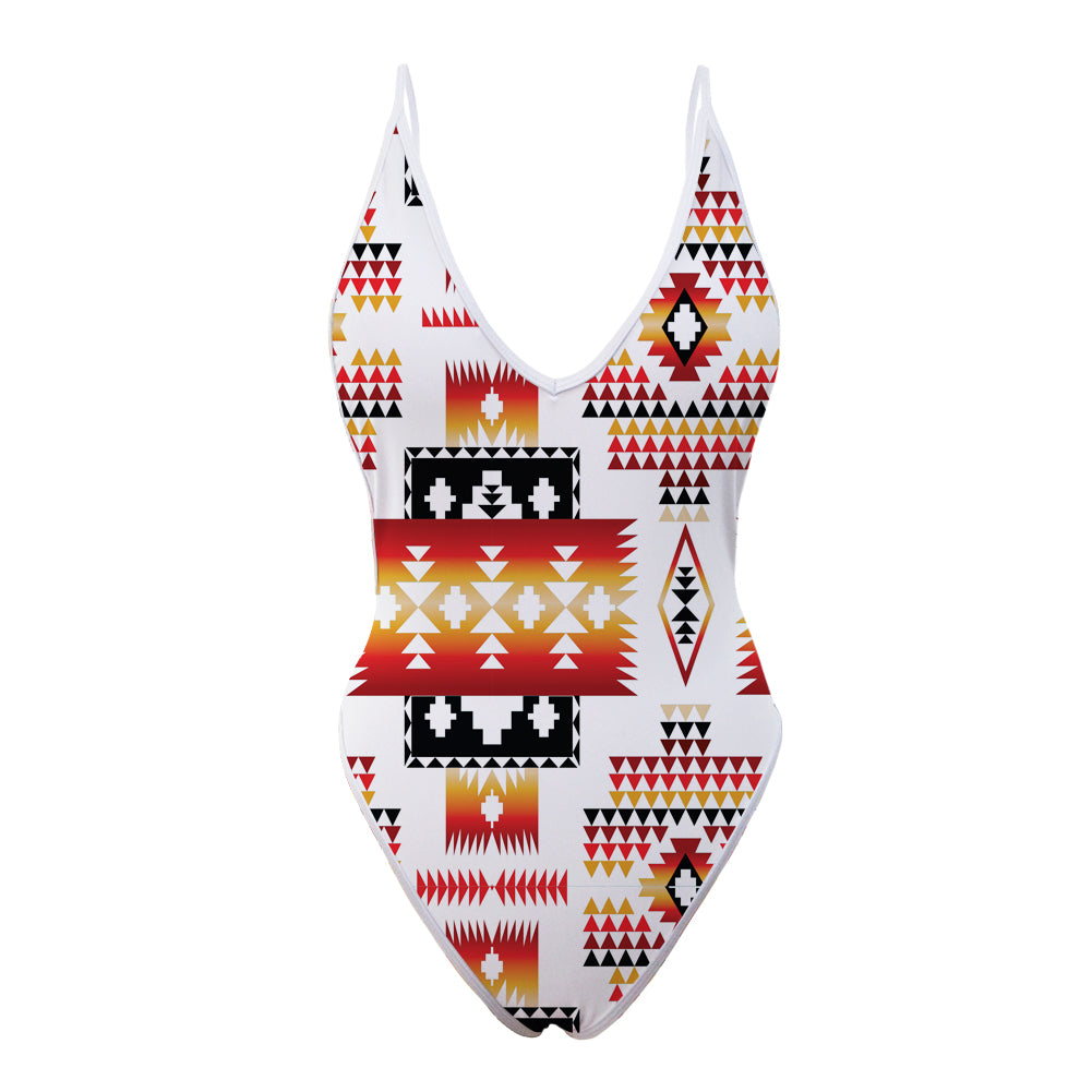 GB-NAT00075 White Tribes Pattern Native American Women’s One Piece High Cut Swimsuit - Powwow Store