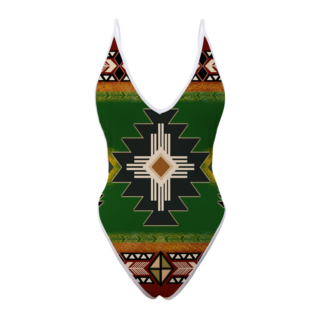 GB-NAT0001-01 Southwest Green Symbol Native American Women’s One Piece High Cut Swimsuit - Powwow Store