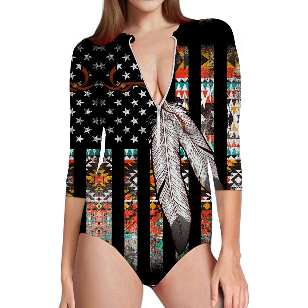 GB-NAT00108Native American Flag Feather  Women's Long Sleeve One Piece Swimsuit