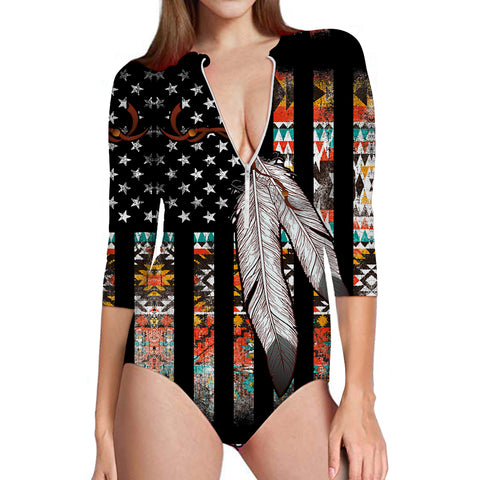 Powwow Store gb nat00108native american flag feather womens long sleeve one piece swimsuit