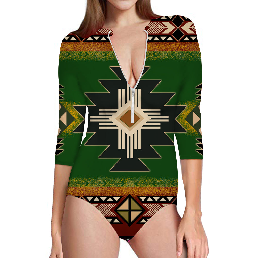 GB-NAT0001-01 Southwest Green Symbol Native American  Women's Long Sleeve One Piece Swimsuit