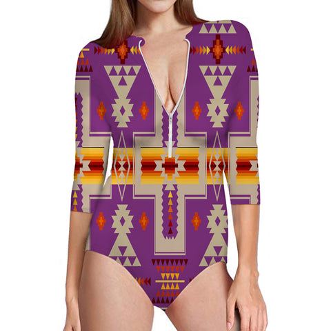 Powwow Store gb nat00062 07 light purple tribe design native american womens long sleeve one piece swimsuit