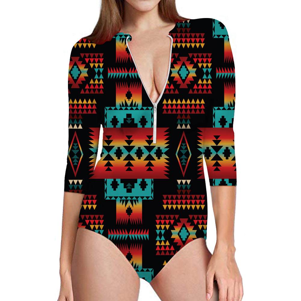 GB-NAT00046-02 Black Native Tribes Pattern Native American Women's Long Sleeve One Piece Swimsuit