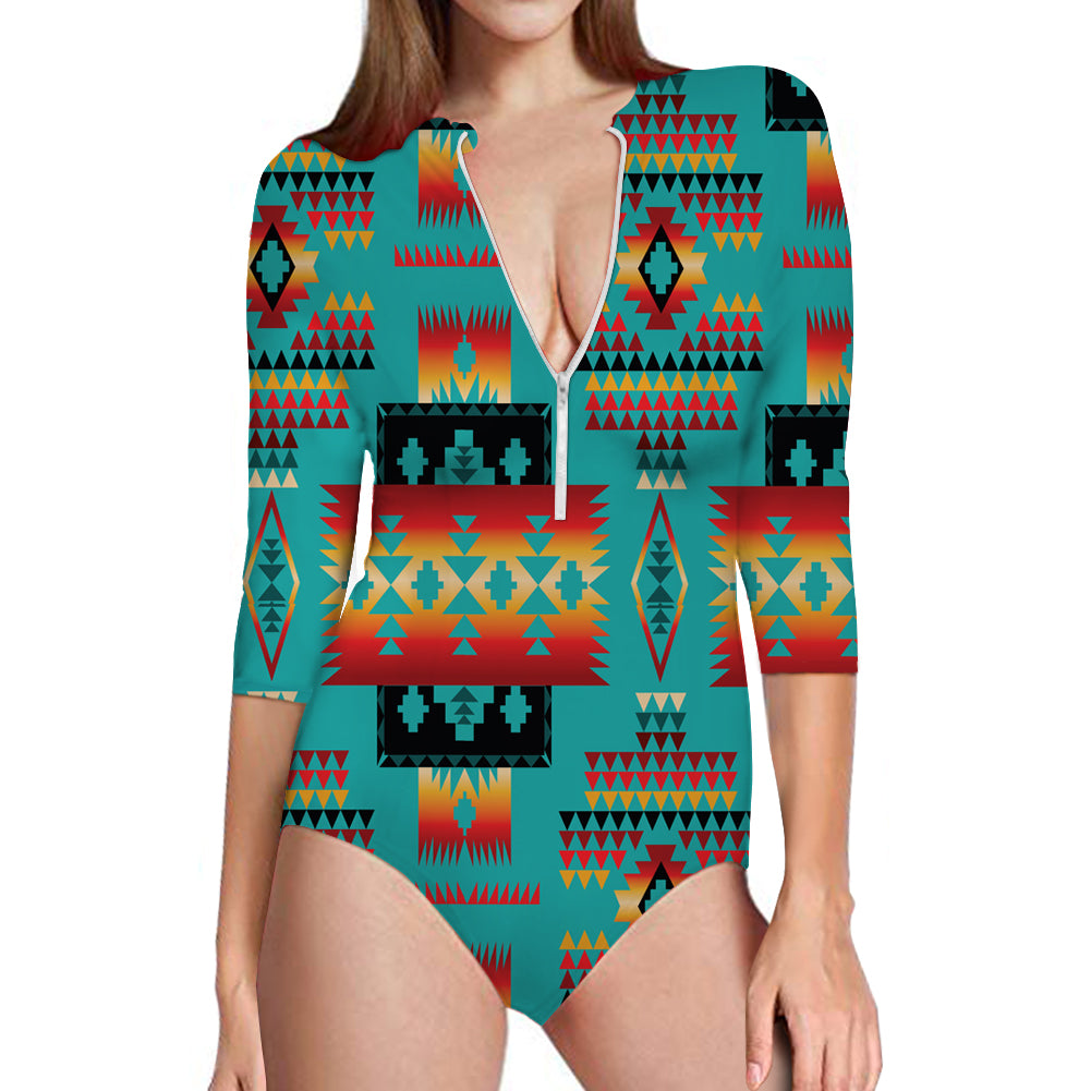 GB-NAT00046-01  Blue Native Tribes Pattern Native American Women's Long Sleeve One Piece Swimsuit