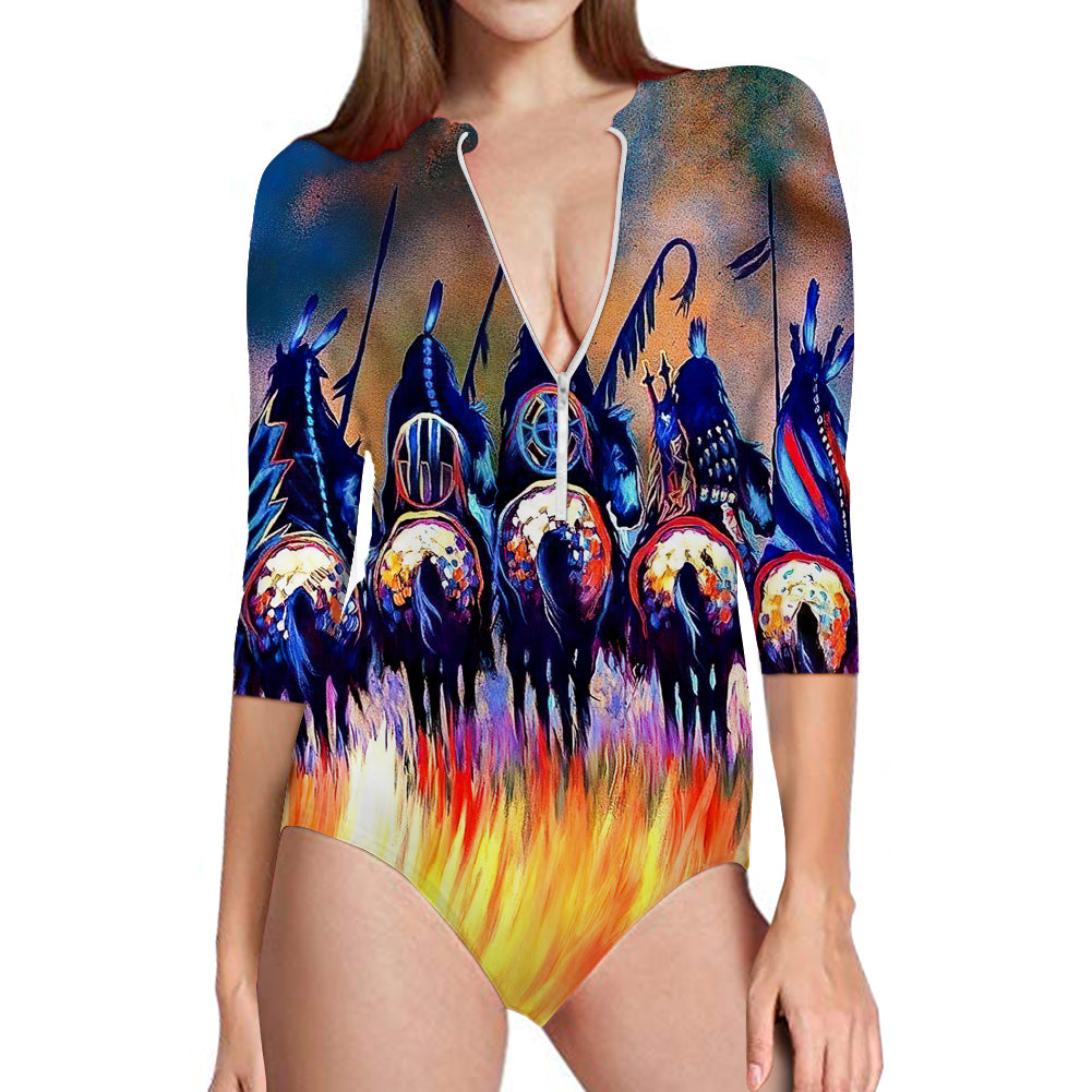 Powwow Store gb nat00013 5 warriors native american womens long sleeve one piece swimsuit