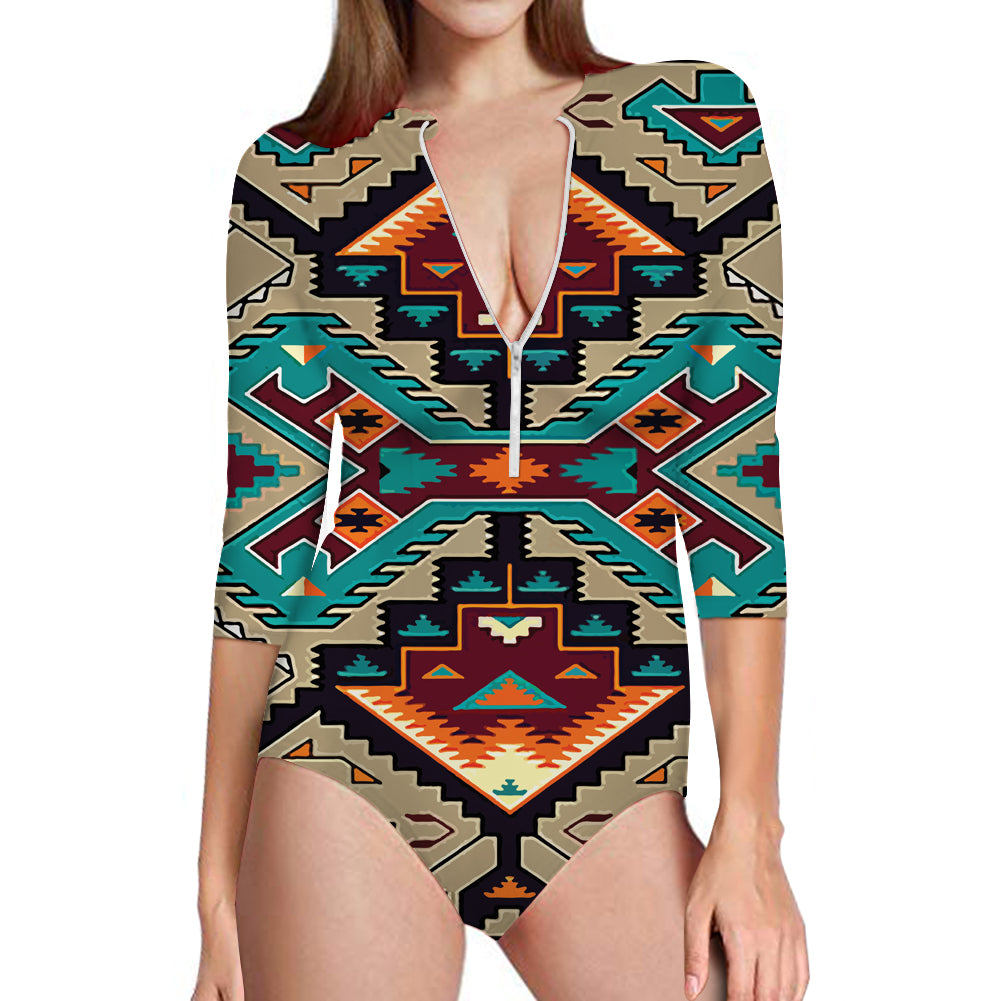 GB-NAT00016 Native American Culture Design  Women's Long Sleeve One Piece Swimsuit