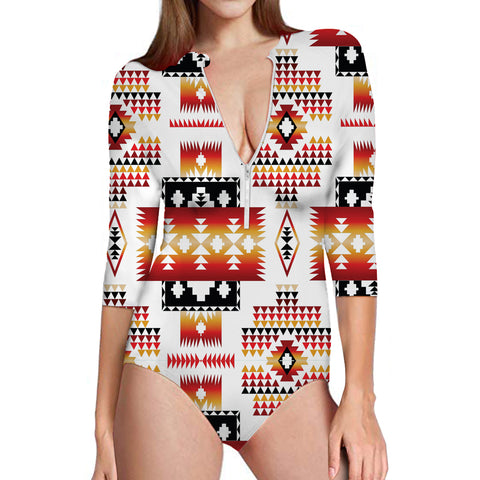 Powwow Store gb nat00075 white tribes pattern native american womens long sleeve one piece swimsuit