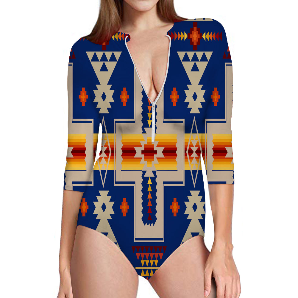 Powwow Store gb nat00062 04 navy tribe design native american womens long sleeve one piece swimsuit