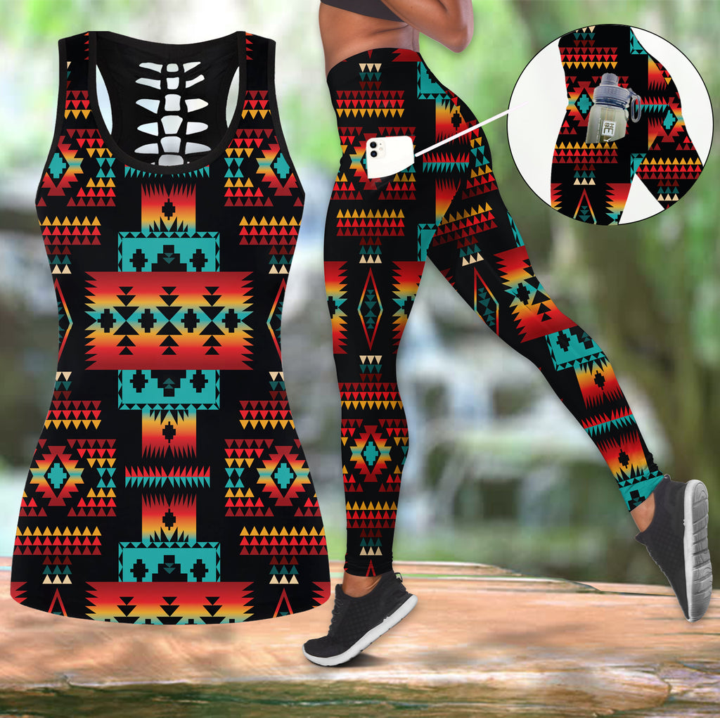 Powwow StoreGBNAT0004602 Black Native Tribes Pattern Native Tank Top And Legging Pocket Set