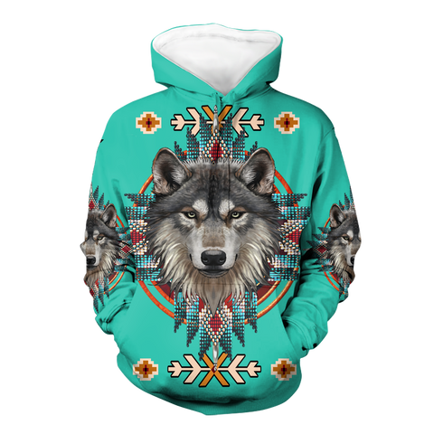 Powwow StoreHD00030  Pattern Blue Wolf Native 3D Hoodie