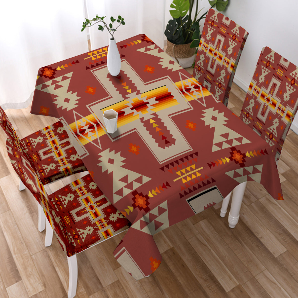 GB-NAT00062-11 Tan Tribe Design Native American Tablecloth - Powwow Store