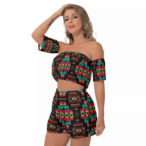 Powwow Store gb nat00046 02 black native tribes pattern off shoulder t shirt shorts suit