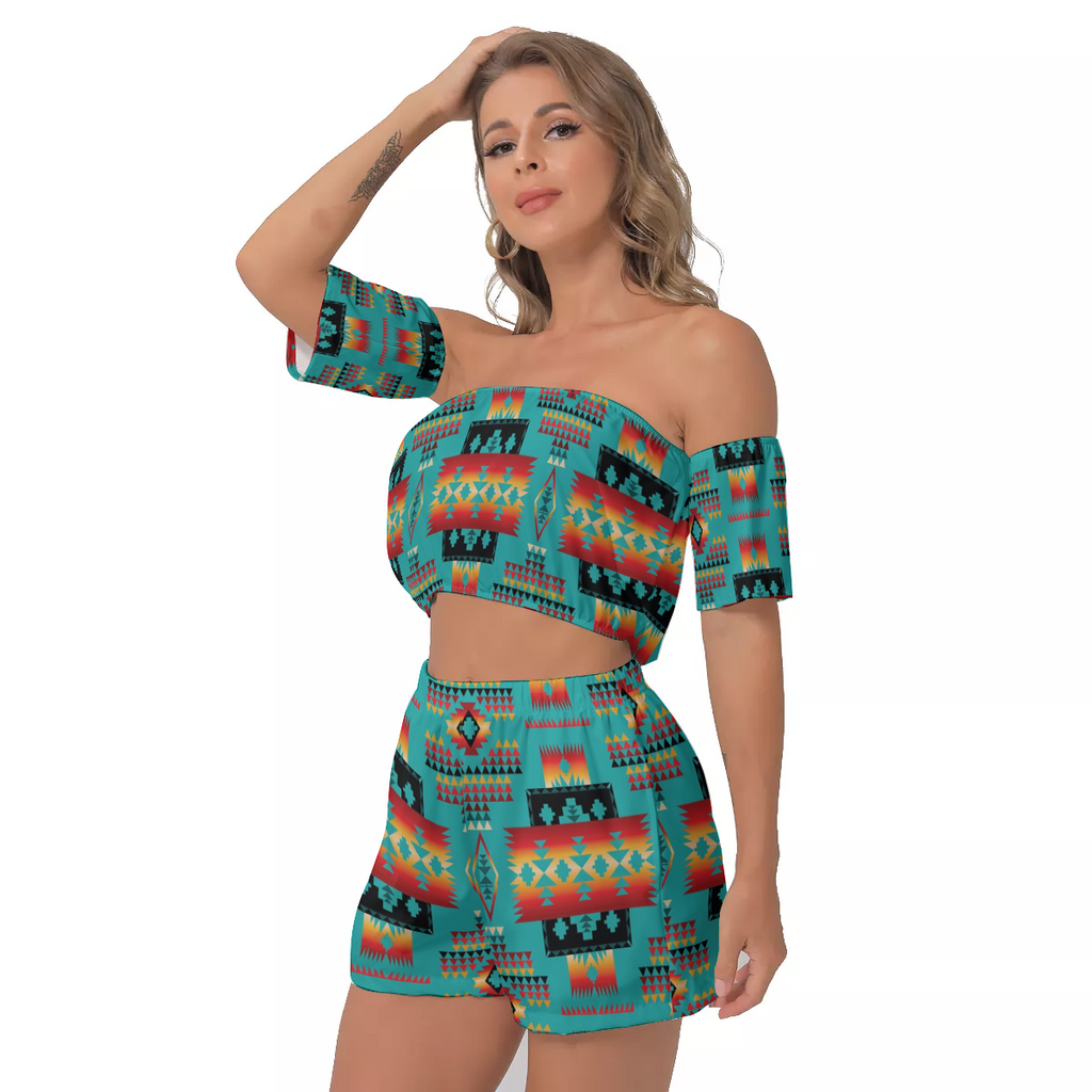 Powwow Store gb nat00046 01 blue tribes off shoulder t shirt shorts suit