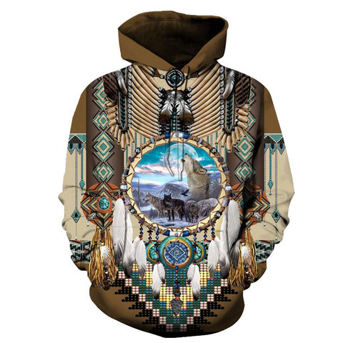 Wofl Dreamcatcher Brown  Native American Hoodie - Powwow Store