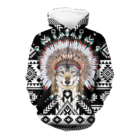 Powwow StoreHD00034 Wolf Pattern Black  Native 3D Hoodie