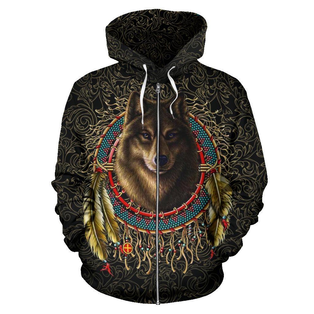 Wolf Warrior Dreamcatcher Native American Zipper Hoodie - Powwow Store
