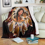 GB-NAT00354 Native Girl Dream Catcher Red Galaxy Blanket
