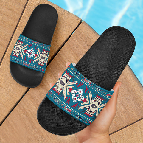 GB-NAT0003-SAND01 Blue Pink Pattern Native American Slide Sandals