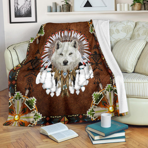 Powwow Store white wolf with headress feathers blanket