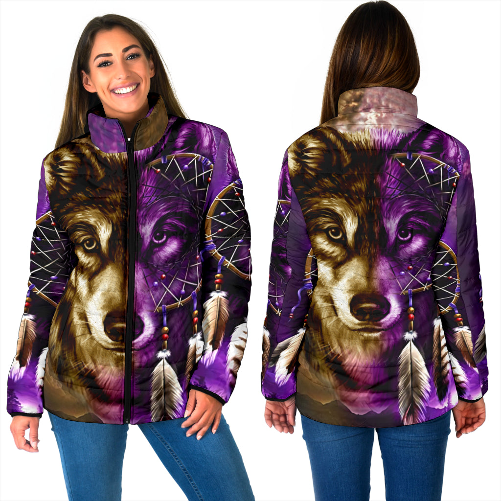 Powwow StoreGBNAT0005  Dreamcatcher Purple Wolf  Women's Padded Jacket