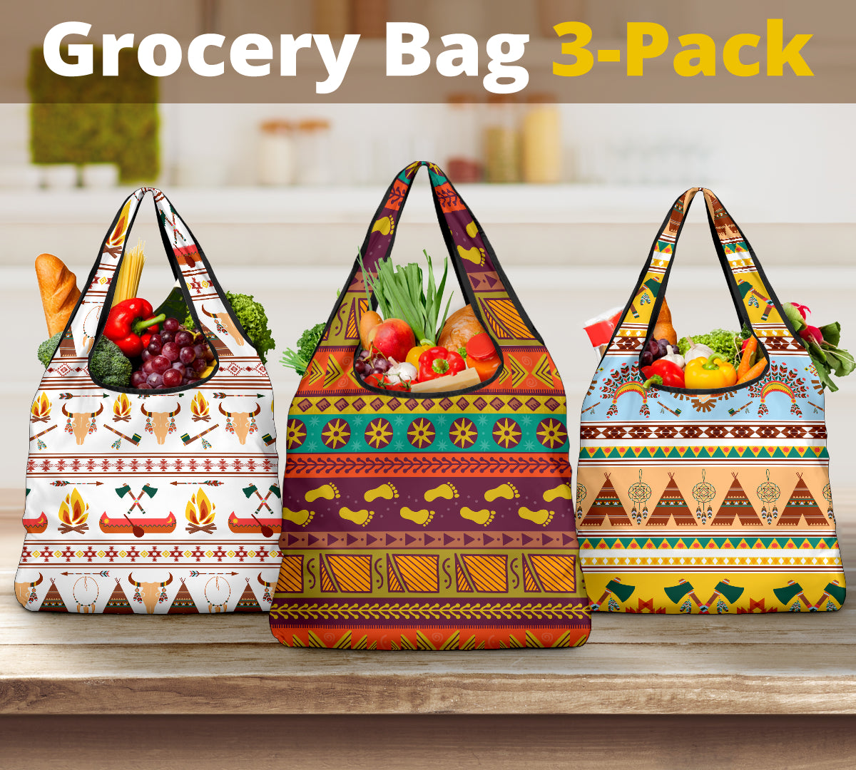 Powwow Store pattern grocery bag 3 pack set 23
